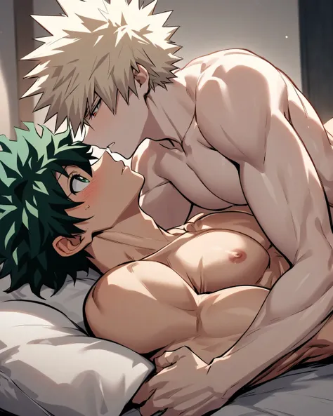    Contemplate the two characters Katsuki Bakugo and Izuku Midoriya   ,    in the image you see how Bakugo is lying in bed and Midoriya you are sitting on top of each other ,  then they feel desire and passion for each other  .   Both are almost without cl...