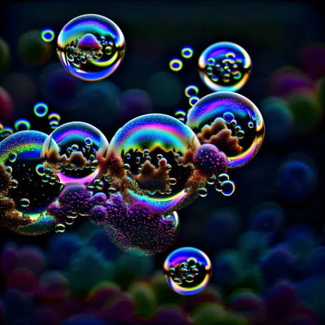 A close up of beautiful bubbles floating on top of each other, LSD, DMT imagery. octane render, psychedelic droplets of water, abstract liquid, and intricate rainbow art. octane render, black 3d fluid simulation,  ethereal bubbles, swirling liquids, and hi...
