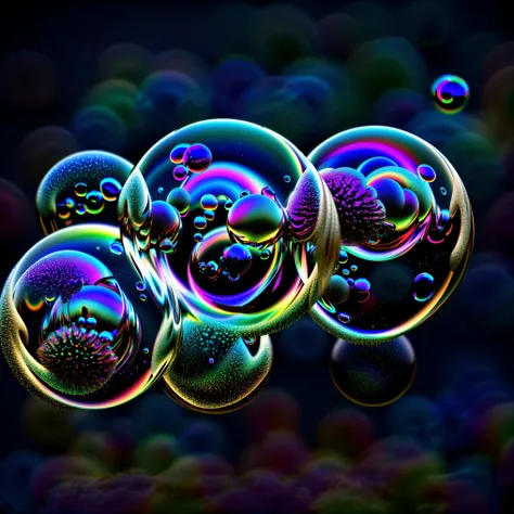 A close up of beautiful bubbles floating on top of each other, LSD, DMT imagery. octane render, psychedelic droplets of water, abstract liquid, and intricate rainbow art. octane render, black 3d fluid simulation,  ethereal bubbles, swirling liquids, and hi...