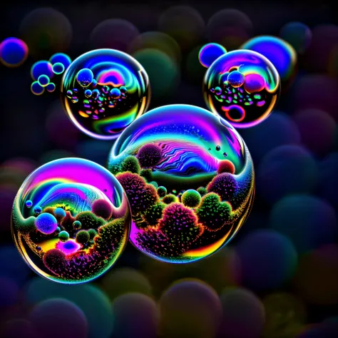 A close up of beautiful bubbles floating on top of each other, LSD, DMT imagery. octane render, psychedelic droplets of water, abstract liquid, and intricate rainbow art. octane render, black 3d fluid simulation,  ethereal bubbles, swirling liquids, and hi...