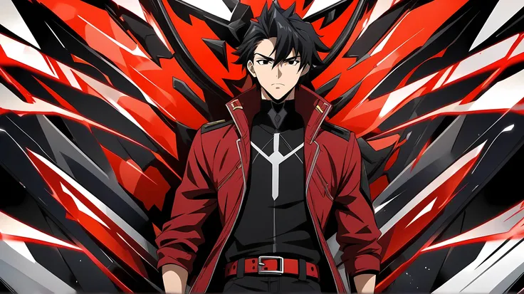 Anime Style, 1Male, Black hair, Black eye, Red Jacket, Black outfit, Red Belt, handsome, Boys, Cross Ange style, Hero, Illustration , HD, Champion ring Background