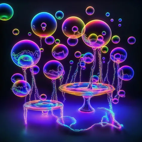 A close up of beautiful bubbles floating on top of each other, LSD, DMT imagery. octane render, psychedelic droplets of water, abstract liquid, and intricate rainbow art. octane render, black 3d fluid simulation,  ethereal bubbles, swirling liquids, and hi...