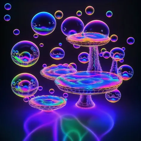 A close up of beautiful bubbles floating on top of each other, LSD, DMT imagery. octane render, psychedelic droplets of water, abstract liquid, and intricate rainbow art. octane render, black 3d fluid simulation,  ethereal bubbles, swirling liquids, and hi...