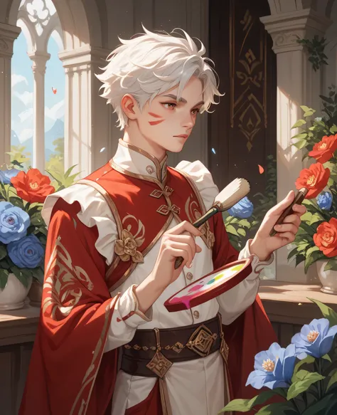 Young man of 20 years old. feudal style clothes. Magic paint brush in the hand. Flowers in the garments. White hair and clothes. Red and gold details on the clothes.