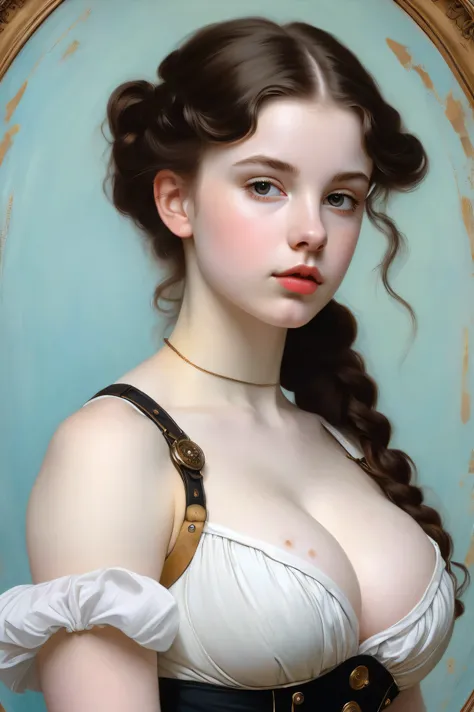 a painting of a pale skin muscular brunette 18 year old steampunk girl huge breasts in the style of William-Adolphe Bouguereau