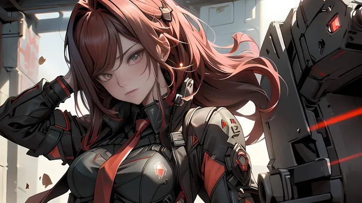 ((Best quality)), ((masterpiece)), (detailed:1.4), 3D, an image of a beautiful cyberpunk female, long burning red hair, burning hair, light brown eyes, red Barret, Black Soldier Shirt, Black under cloth, black panty, Grenade belt, Big chest, Big thigh, Hig...