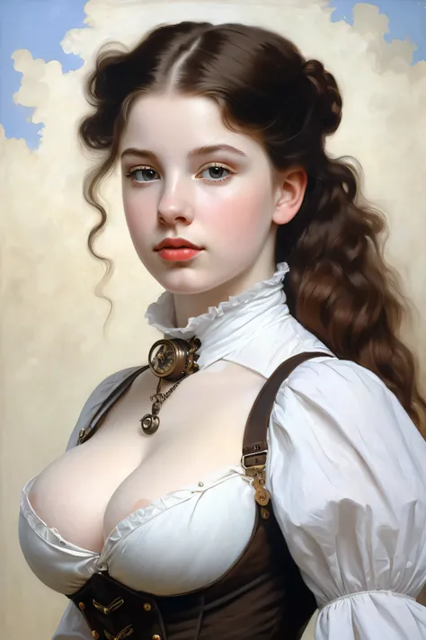 a painting of a pale skin muscular brunette 18 year old steampunk girl huge breasts in the style of William-Adolphe Bouguereau