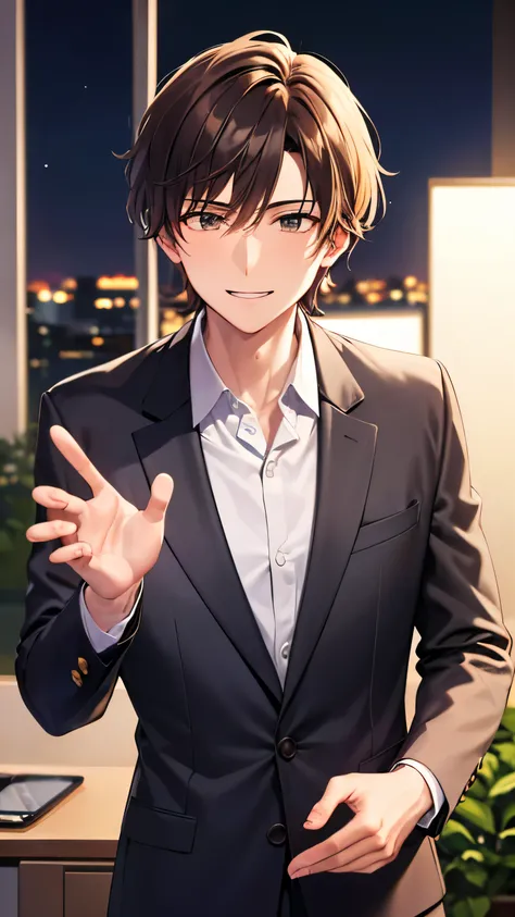 A mature and dependable 30-year-old man with short brown hair, wearing a well-tailored business suit. He has a sophisticated and confident aura, with a subtly alluring and charismatic face. (Standing in a nighttime office), he faces the viewer with a warm,...