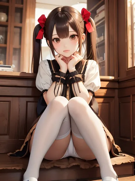   top quality，8k，Age 15、Lolita fashion、Loli Face、True Face、white panties seen from the front、 white knee-high stockings 、loafers、Meaty thighs、 BIG ASS、sit、twin tails