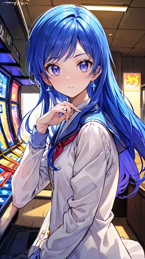 a beautiful young woman with long blue hair, medium length hairstyle, bust-up portrait, wearing casual date outfit, playing in an arcade, 20 years old, aikatsu, aoi kirisame ai, (best quality,4k,8k,highres,masterpiece:1.2),ultra-detailed,(realistic,photore...