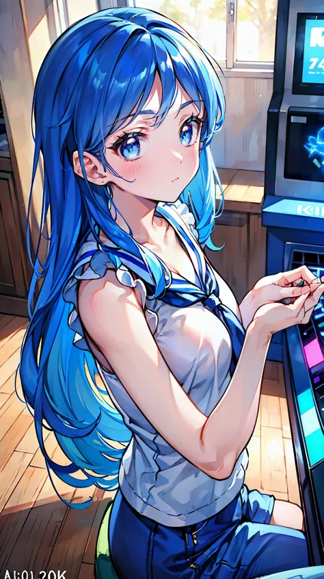 a beautiful young woman with long blue hair, medium length hairstyle, bust-up portrait, wearing casual date outfit, playing in an arcade, 20 years old, aikatsu, aoi kirisame ai, (best quality,4k,8k,highres,masterpiece:1.2),ultra-detailed,(realistic,photore...