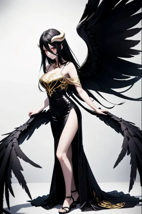  A high resolution ,  sharp focus,  masterpiece pixiv , ((intricate details)),  , 1 girl, BLACK WINGS,  Gold white dress, (full body), piernas esbeltas,  white horns, albedo _overlord,  black hair , (low ala,:1.1), upper body,  castle in the background 