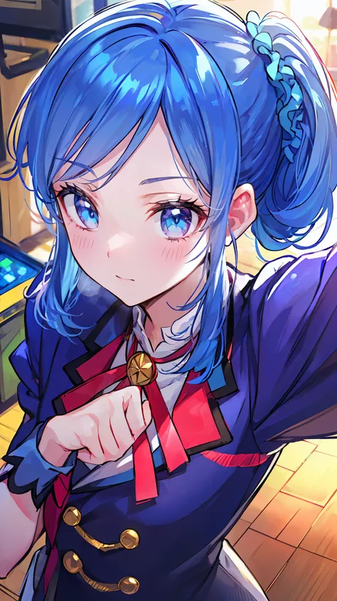 a beautiful young woman with long blue hair, medium length hairstyle, bust-up portrait, wearing casual date outfit, playing in an arcade, 20 years old, aikatsu, aoi kirisame ai, (best quality,4k,8k,highres,masterpiece:1.2),ultra-detailed,(realistic,photore...