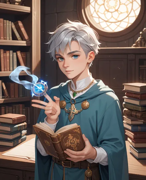  18-year-old young boy .  wizard style clothing  . Old book levitating. Light blue clothes . silver hair and clothes with silver and silver details,green and brown in clothes. The chest a silver necklace with a silver magic key of peace. Ornamental jewelry...