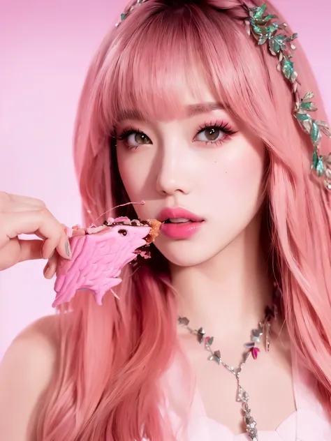 a close up of a person with pink hair eating a piece of cake, lalisa manobal, lalisa manoban of blackpink, portrait of jossi of blackpink, popular south korean makeup, belle delphine, aesthetic cute with flutter, jossi of blackpink, with pink hair, roseann...