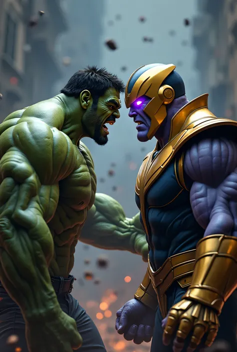 Full body view】Create an epic and dramatic illustration of The Hulk and Thanos facing off in a dark, intense setting. The Hulk, with his massive, muscular frame and enraged expression, leans forward aggressively, his green skin showing veins and battle sca...