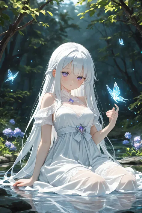 Witch with lilac eyes and big white hair, delicate white dress . into a crystalline lake . calm expression.