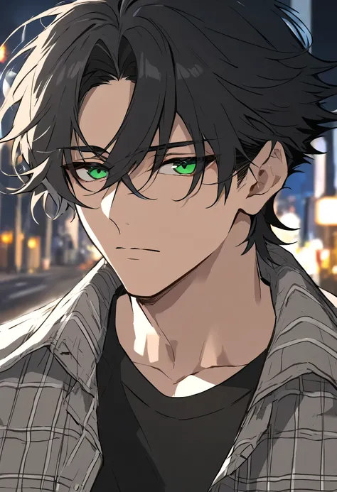 Male + black hair + green eyes + gray and brown flannel (as an overshirt) + black T-shirt + solo + adult + face shot + streets background