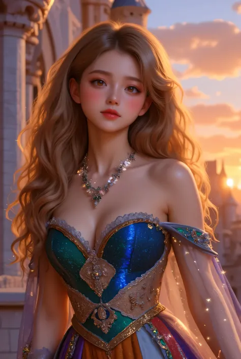lors, deep contrast, super real, pink lipstick, lovely atmosphere, cinematic composition, close-up of face. She is wearing a breathtakingly opulent princess dress with flowing, multi-layered fabrics in a mesmerizing blend of royal blue, deep crimson, emera...