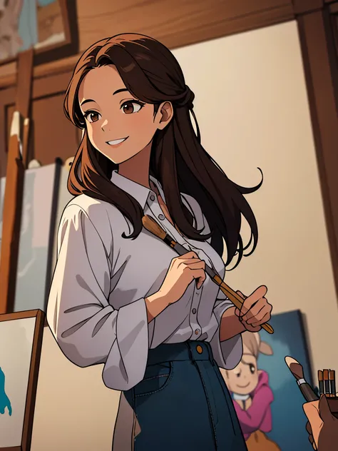 ( front view)A woman with long brown hair ,  brown eyes. wearing a white puffy sleeve blouse and smiling delicately.  in her right hand she holds a paint brush and in her left hand she holds a miniature doll