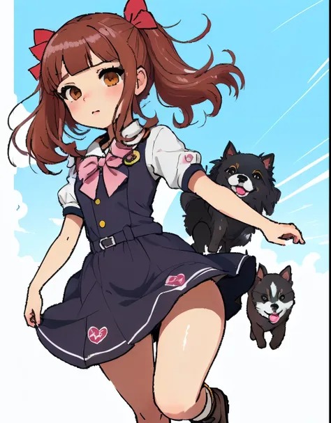 nsfw, cartoon girl with a bow and a dress running next to a dog, female protagonist 👀 :8, chiaki nanami from danganronpa, cute character, cartoonish cute, marin kitagawa fanart, anime chibi, kawaii chibi, small curvy loli, anime manga robot!! anime girl, a...