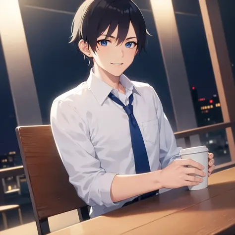 sitting, coffee, (at night:1.5), masterpiece, best quality, Japanese manga style, upper body, (25 year old male: 1.5) and (short black hair) and (blue eyes), BREAK (white collared shirt) and (blue tie) BREAK smile, inside cafe, alone,