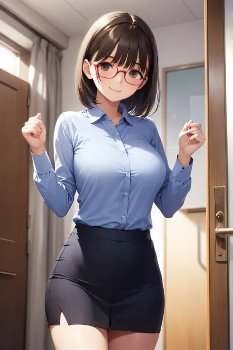  high school girl、tight miniskirt suit、Big Breasts、Hands clasped behind back、 bring your face close to here 、 has red cheeks、Smiling、 dark hair、 Wears Glasses、 black rimmed glasses、short hair、 beautiful brown eyes、 eyes are shining、At work、 Panchira、 white...