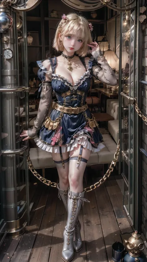 steampunk lolita mini dress、 platinum blonde hair、 straight short bob、round face、 Dark Blue Eyes 、 big eyes、 sagitales、 with his mouth slightly open 。 Luxurious metallic gold and dark red super mini dress、Skirt with lots of dark pink frills 、 stack 3 white...