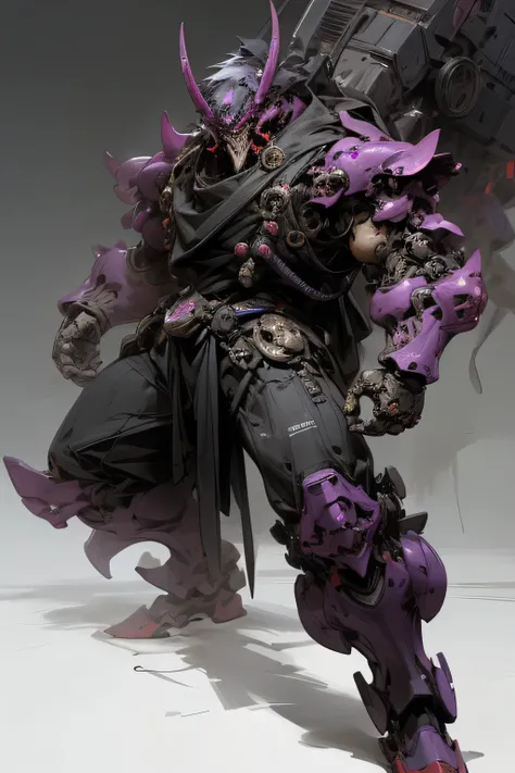 masterpiece, best quality, 1male, solo, black mecha, purple highlights, bulky armor, Oni mask, demon aesthetic, evil looking, full body shot