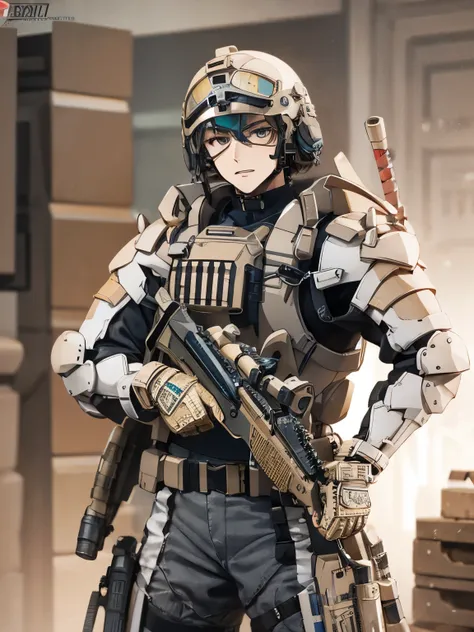 cool skin white anime boy cute young tactical armor pose foward