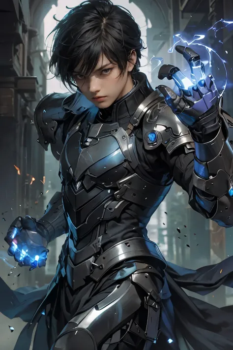 Upper body up. beautiful man. Detailed view of the face. 29 years old. Short black hair. His bangs are down. He wears beautiful black armor. She is in a Force Academic fighting pose. He shoots glowing balls of energy from his hands.