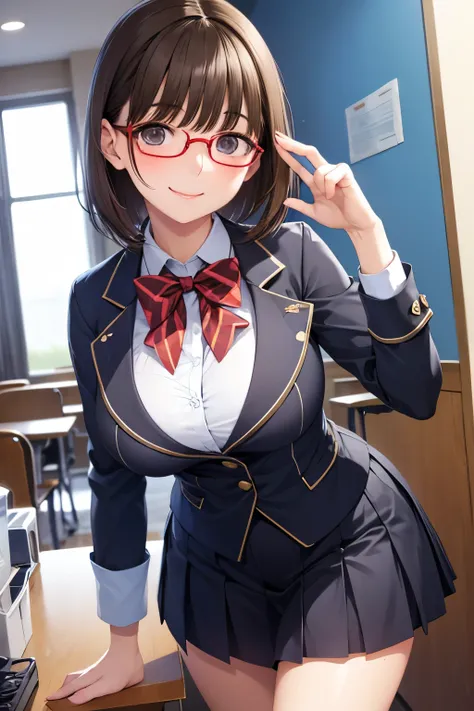  high school girl、uniform、Big Breasts、I am asking、winking、 bring your face close to here 、 has red cheeks、Smiling、 dark hair、 Wears Glasses、 black rimmed glasses、short hair