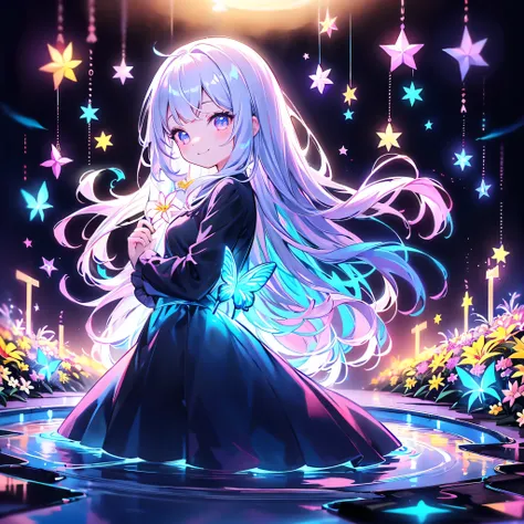 best details、top quality、Greatest Masterpiece、 super detailed、 High precision、 masterpiece、smile、 anime girl with long white hair,Dark seven-color hair、可愛い anime girl with long white hair、smile、((Plumeria))、many chrysanthemum、 Fractal Art、Gwaiz 、 pool、gard...