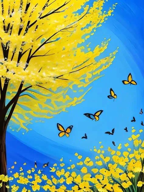 painting of three blue birds sitting on a branch with yellow flowers, blue and yellow fauna, birds and butterflies, butterflies and birds, mystical birds, painting of beautiful, beautiful black blue yellow, beautiful nature, beautiful art, blue and yellow,...