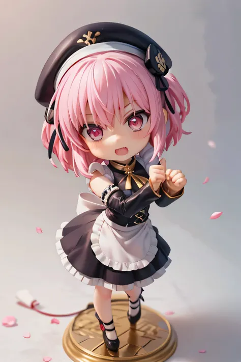 Maid girl without a cheerful headdress ( showing her teeth ),  of foot,  pink hair color, combat pose,  mmorpg background ,  mmorpg background (A stranger), complete anatomy,   graphic effects ,  ornament of an accessory shaped like a flower on the head, a...