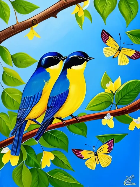 painting of three blue birds sitting on a branch with yellow flowers, an acrylic painting by Charles Bird King, pinterest, art nouveau, blue and yellow fauna, birds and butterflies, butterflies and birds, mystical birds, painting of beautiful, beautiful bl...