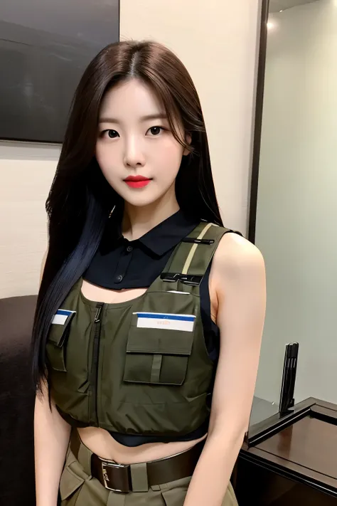 37 years Old South Korean girls, beauty face, elegant face, thin, long sleek straight hair style, lipstick, night, brown skin color, Girl With a perfect figure, weight 33kg, wearing a bulletproof vest, wearing military clothing and tight military pants, he...