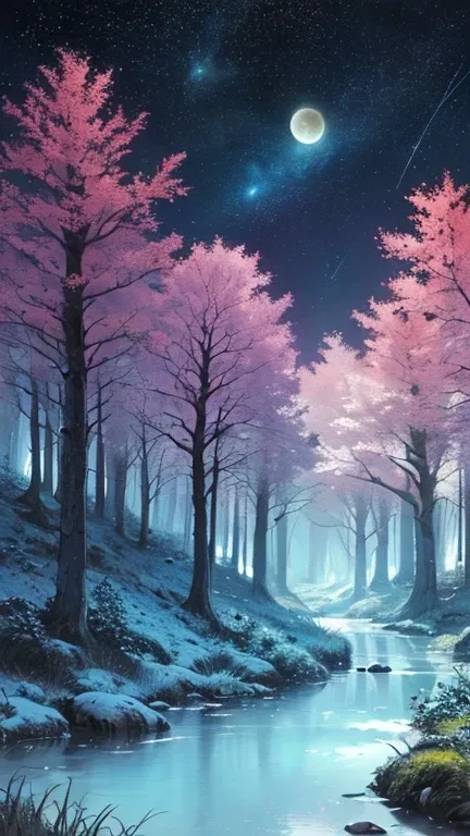 (Art by Peter Morbacher :1.3)  An otherworldly forest bathed in twilight ,  the trees are ancient and their leaves shine with bioluminescent light. arriba,  the sky is a tapestry of celestial bodies and fleeting comets ,  while below ,  a translucent river...