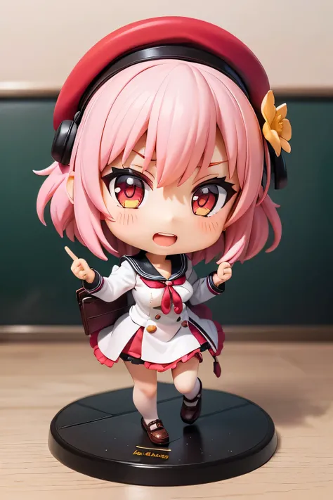 happy girl ( showing her teeth ),  of foot, combat pose,  pink hair color,  school background,  school background(classroom), complete anatomy,   graphic effects ,  ornament of a flower-shaped accessory over the head, aura, white cap, notebooks, school sup...