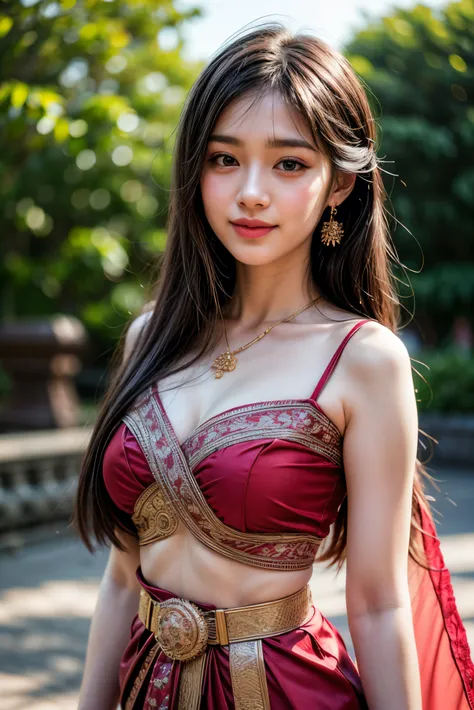 8K, ultra high detailed, an thai girl, cute face, happy, long hair, impressive hairstyle, detailed eyes, detailed lips, thai clothes, saree, red saree, lace, wearing jewellery, nature background, flowers, afternoon, shadow, clear weather, whole body captur...