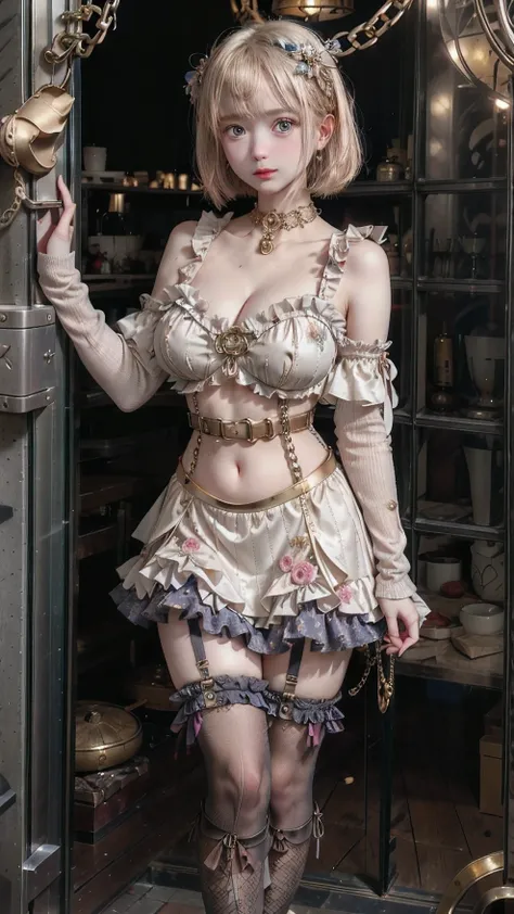 steampunk lolita mini dress、 platinum blonde hair、 straight short bob、round face、 Dark Blue Eyes 、 big eyes、 sagitales、 with his mouth slightly open 。 Luxurious metallic gold and dark red super mini dress、Skirt with lots of dark pink frills 、 stack 3 white...