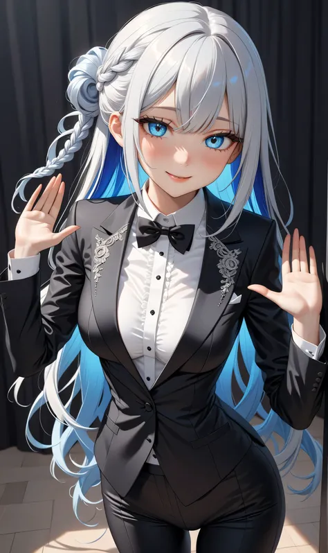 ((Random porn pose)), (Cute girl), ((Ultra detailing)), (very aesthetic, best quality, ultra detailed), intricate details, 1girl, silver hair, long , (Random hairstyle), Blue inner hair ,,((Detailed eyes)), ((Beautiful eyes)), ((prefect eyes)), long hair, ...