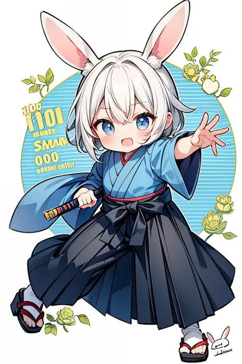 Message card style, chibi cute character concept for game. Simple text "Name:Amunica_por_ai, Race:((Rabbit:1.15)), Gender: Male, Age: Middle-aged, Job: Samurai, Weapon: Long Katakana named Zantetsuken, Pose: Sonic heading towards the viewer, action pose wi...