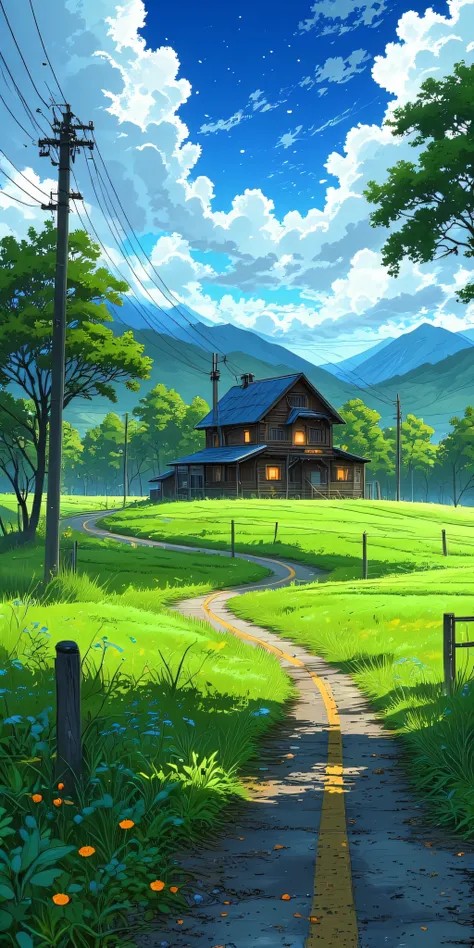 A beautiful farm with a road leading to the farmhouse, trees, and green fields on a sunny day in the style of anime. 