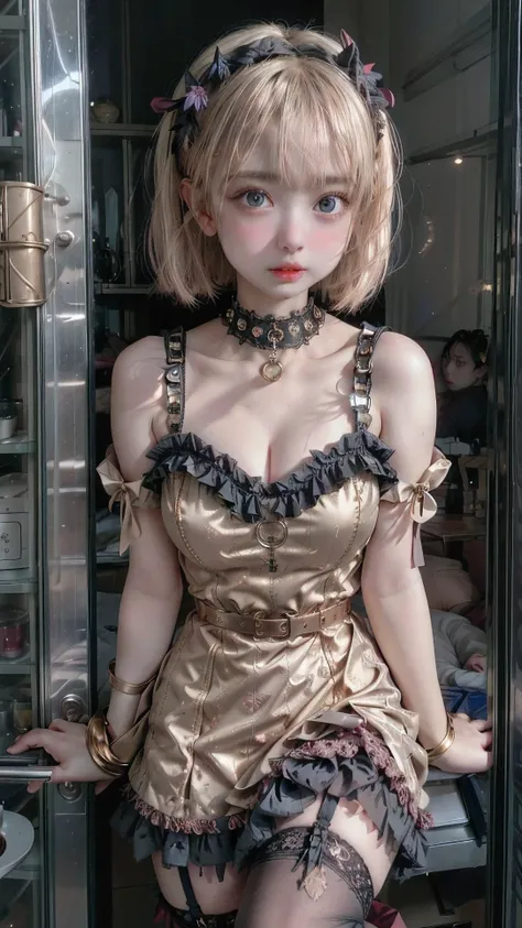 steampunk lolita mini dress、 platinum blonde hair、 straight short bob、round face、 Dark Blue Eyes 、 big eyes、 sagitales、 with his mouth slightly open 。 Luxurious metallic gold and dark red super mini dress、Skirt with lots of dark pink frills 、 stack 3 white...