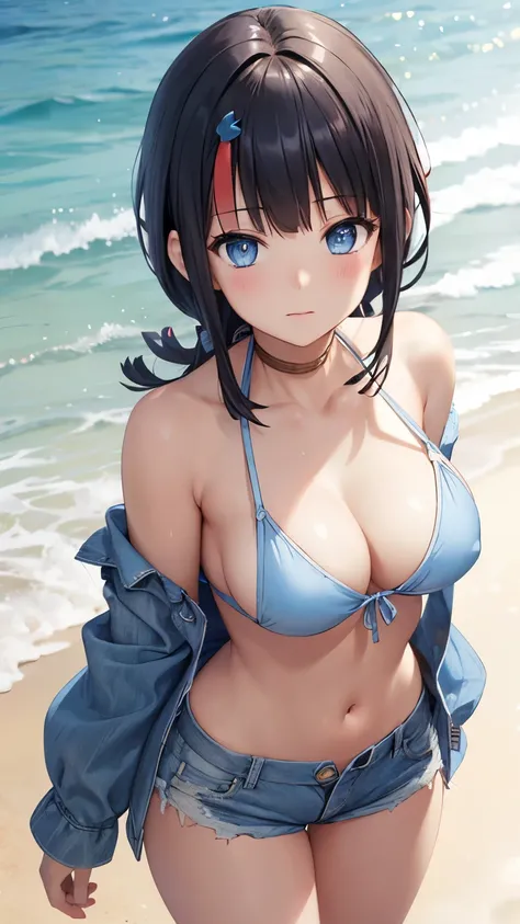 masterpiece, great quality, ultra detail, illustration, game cg, 1girl, solo, (FGOErice), collarbone, cleavage, blush, standing, beach, bikini, denim shorts