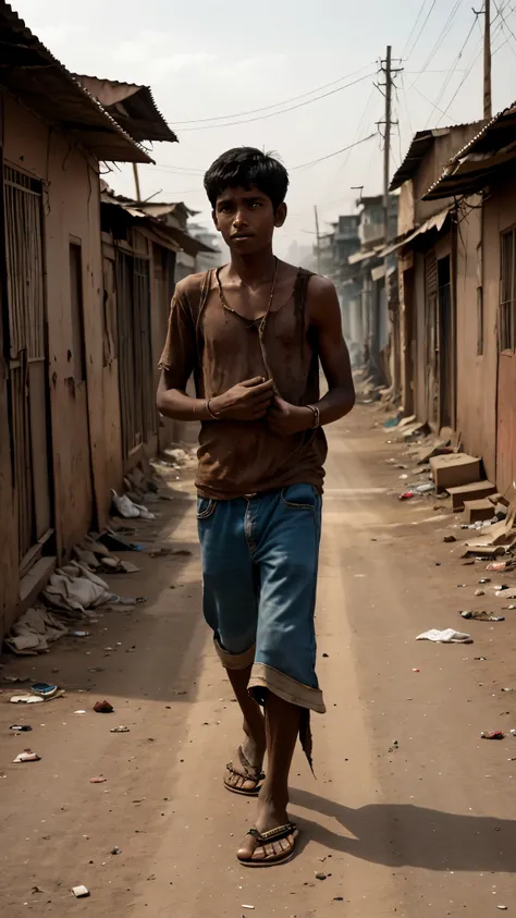 "A  Indian boy with a thin frame and worn-out clothes walks along a dusty road with a sad expression. His bare feet touch the rough ground as he carries a small, torn bag on his back. The background shows a harsh environment, possibly a slum or a rundown a...