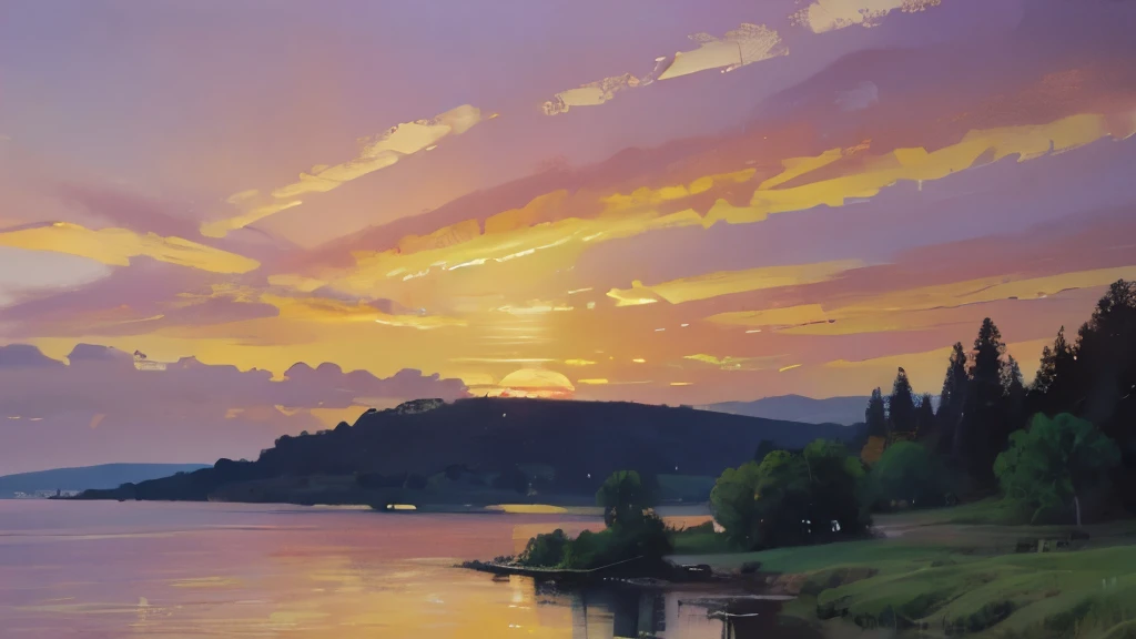 a painting of a sunset over a lake with trees and flowers, beautifully lit landscape, nature painting, oil painting 4 k, oil painting 4k, beautiful sunset glow, detailed painting 4 k, beautiful art uhd 4 k, sunset glow, oil paint style, painted landscape, ...