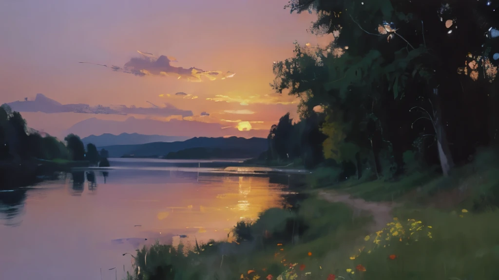 a painting of a sunset over a lake with trees and flowers, beautifully lit landscape, nature painting, oil painting 4 k, oil painting 4k, beautiful sunset glow, detailed painting 4 k, beautiful art uhd 4 k, sunset glow, oil paint style, painted landscape, ...