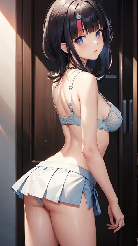 masterpiece, great quality, ultra detail, illustration, game cg, 1girl, solo, (FGOErice), looking back at viewer, blush, standing, indoors, lace bra, pleated miniskirt